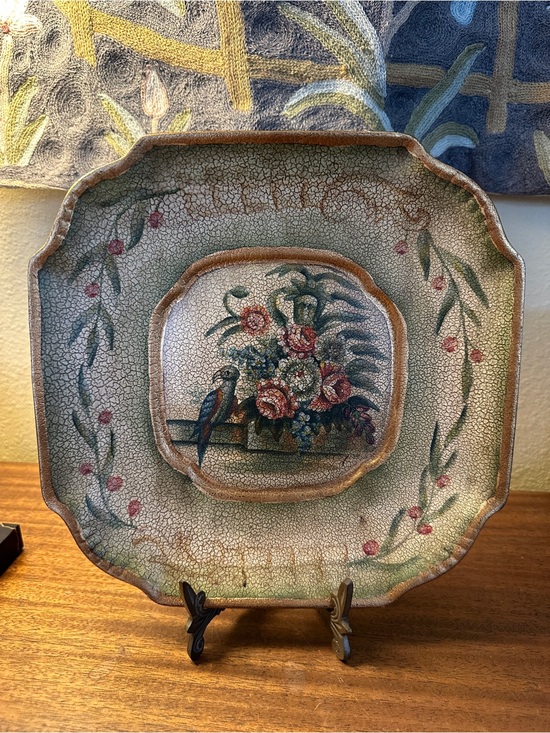 Vintage Other - Hand-Painted Floral Parrot Decorative Ceramic Plate - Green, Red, Cream